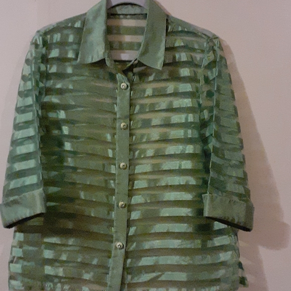 JACKET SILK 100% COUTURE Green & Shèer Striped  Neiman Vtg Sheer - Picture 2 of 9